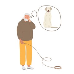 Man who lost dog. Sad man stands with leash and thinks about his dog. Dog lost or ran away. Senior man with gray beard wearing casual clothes. Dog labrador, Mature Man. Flat vector illustration