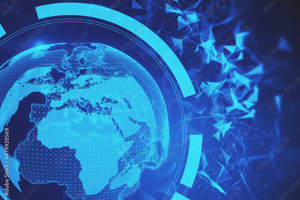 Aufkleber abstract digital polygonal globe on blurry blue background. technology, innovation and futuristic ne
