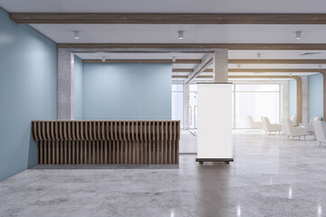 Modern wooden and concrete office lobby interior with reception desk, empty white mock up poster and window with city view. 3D Rendering.