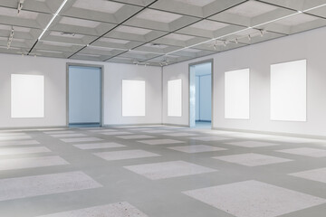 Modern concrete museum interior with empty white mock up posters. 3D Rendering.