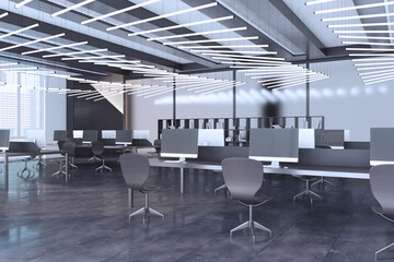 Contemporary concrete coworking office interior with window and bright city view, empty computer screens, equipment, furniture and daylight. 3D Rendering.