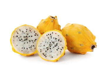 Delicious cut and whole yellow pitahaya fruits on white background