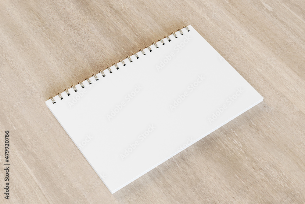 Poster Close up of empty white spiral notepad on wooden desktop background. Mock up, 3D Rendering.