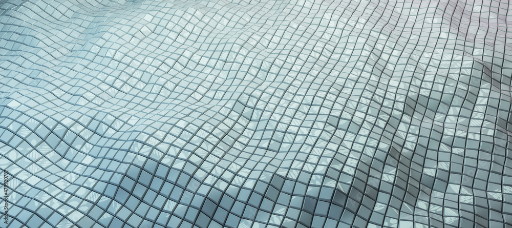 Poster wide light blue tile wave background. style, design and texture concept. 3d rendering.