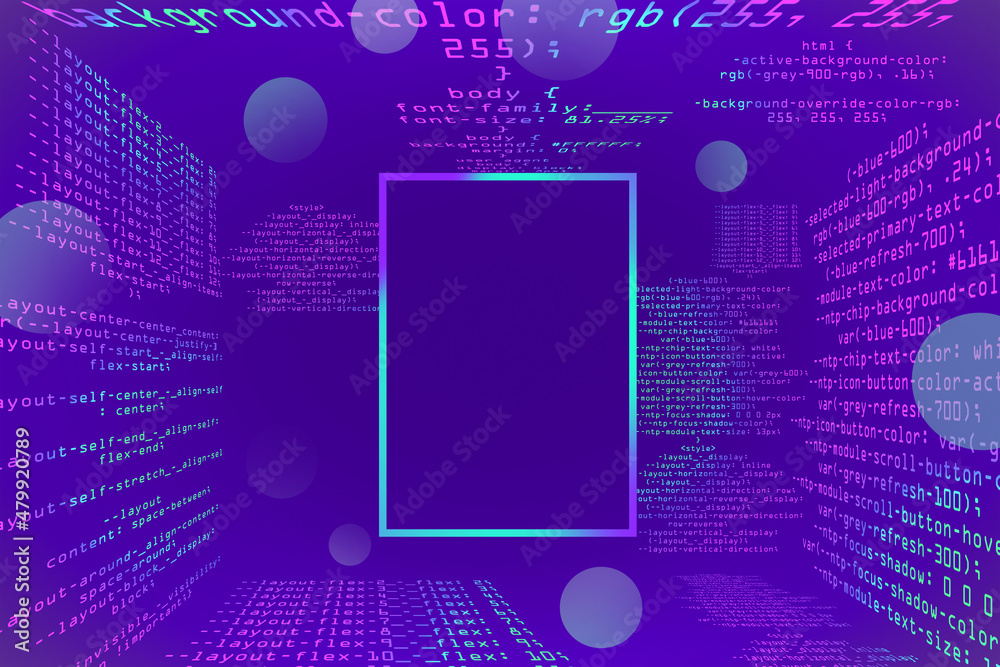 Fototapete Abstract glowing purple coding programming background with square mock up frame. Big data and code concept. 3D Rendering.