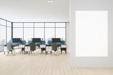 Modern concrete coworking office room interior with blank mock up banner on wall, panoramic window wooden parquet flooring, with city view, equipment, daylight and furniture. 3D Rendering.