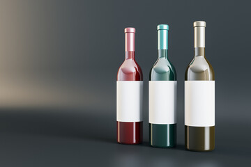Clean white label wine bottles on gray background. Alcohol, winery, beverage and elegance concept. Mock up, 3D Rendering.