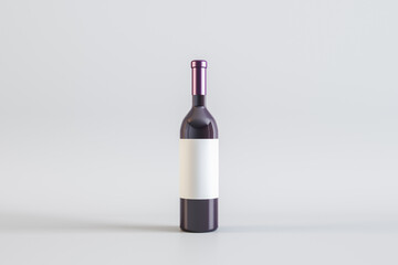 Blank white label wine bottle on light background. Alcohol, winery, beverage and elegance concept. Mock up, 3D Rendering.