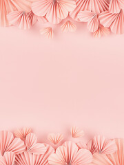 Hearts background for Valentines day, wedding - beautiful tender pink paper ribbed hearts in simple origami style soar on pastel pink color as footer, header border, copy space, vertical.