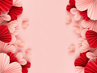 Sweet love background for wedding or Valentine day with gentle pink and red paper hearts flying on...