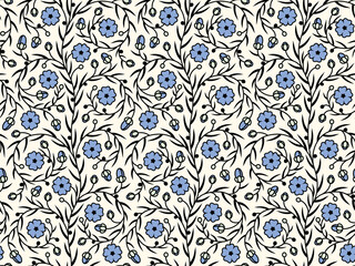 Flax field. Seamless pattern with stylized blooming flax flowers. Vector illustration, pattern swatch included.