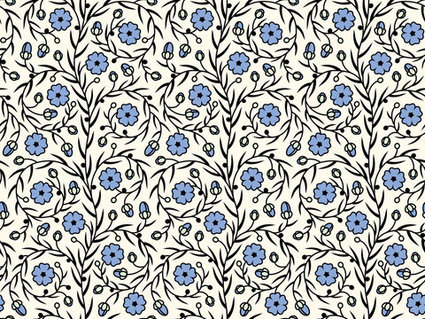 Flax field. Seamless pattern with stylized blooming flax flowers. Vector illustration, pattern swatch included.