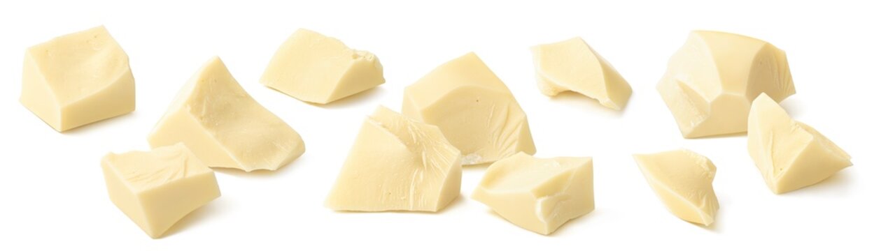 Broken white chocolate pieces isolated on white background. Set for package design.