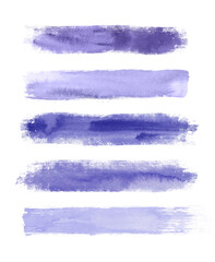 Watercolor Very Peri brush strokes isolated on white background. Abstract collection, elements for design.