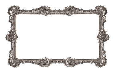 Panoramic silver frame for paintings, mirrors or photo isolated on white background. Design element with clipping path