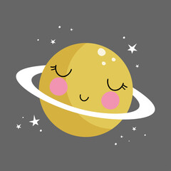Cute planet in cartoon style. Vector illustration. For kids stuff, card, posters, banners, children books, printing on the pack, printing on clothes, wallpaper, textile or dishes. Space theme.