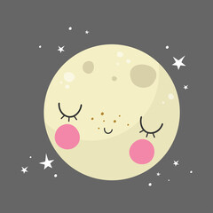 Fototapeta na wymiar Cute moon in cartoon style. Vector illustration. For kids stuff, card, posters, banners, children books, printing on the pack, printing on clothes, wallpaper, textile or dishes. Space theme.