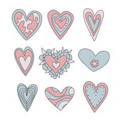 vector set of blue lo fi psychedelic valentines.Hippie collection hearts for valentine's day.Faded vintage style 70s and 80s.Stories social media stickers.Romantic heart shapes in funky and groovy