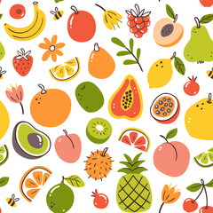 Colorful spring seasonal fruits seamless pattern. Isolated fruits on white background. Vector illustration.