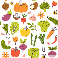 Spring seasonal vegetables seamless pattern collection. Colorful, flat silhouette and doodle style. Vector illustration.