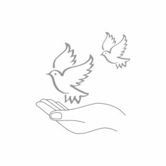 Pair of doves flying to the hand. Outline of the contour of the pigeons. Celebration. Vector illustration