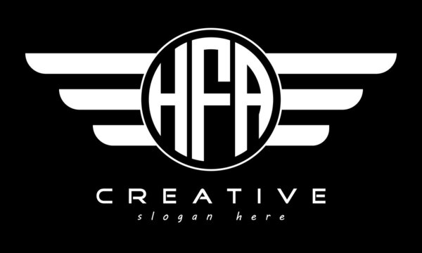 HFA three letter monogram type circle letter logo with wings vector template.