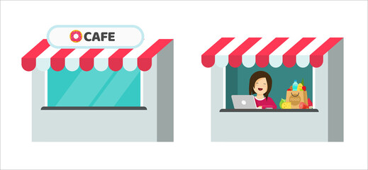 Storefront building isolated of small store boutique flat style vector and shop front kiosk facade of restaurant or grocery cafe with saleswoman assistant cartoon, seller worker in local shopfront