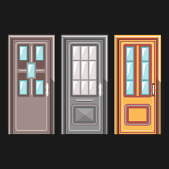 Doors with windows. Three different entrance doors with glass inserts. Vector set 