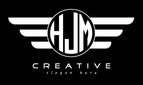 HJM three letter monogram type circle letter logo with wings vector template.