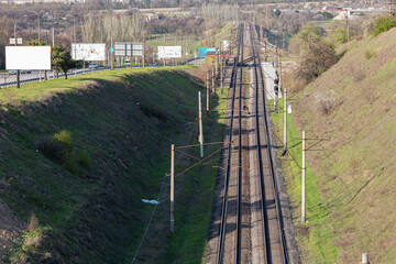 railroad top perspective view. Empty billboards on the side of the road