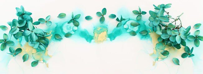 Naklejki  Creative image of emerald and green Hydrangea flowers on artistic ink background. Top view with copy space
