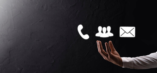 Hand hold icon symbol telephone, email, contact. Website page contact us or e-mail marketing...