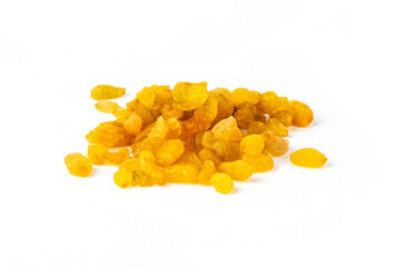 Bunch of golden yellow raisins isolated on white background.