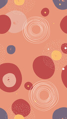 Abstract geometric seamless pattern in coral, pink, golden, purple and white tones. With hand drawn circles, dots and fireworks. Vertical background for wrapping paper, packaging, wallpapers...