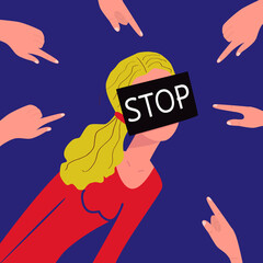 Violence prevention poster. Stop bullying. Silhouette of girl with closed face. Stop signal. Fingers point to the teenager. Insult, humiliation, psychological problems, discrimination in society.