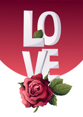 Card desigh with Rose, petals, love lettering. Happy Valentine's Day, Romance, Love concept. Vector illustration for poster, banner, card, postcard, cover.