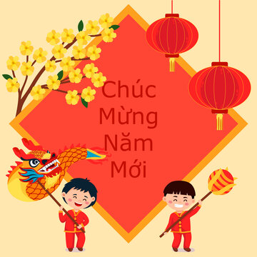 Vector illustration for Tet with cute kids dancig dragon dance. Vietnamese text Happy New Year. Flat style design. Concept holiday card, poster, banner.