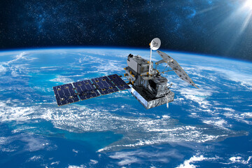 Cargo space craft Earth planet.Dark background. Sci-fi wallpaper.Space Station Orbiting Earth.Space ship.Space art wallpaper.Solar Observatory.Elements of this image furnished by NASA.3D illustration © Ivan