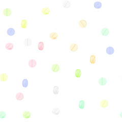 Multi-colored pills capsules on a white background. Pattern.