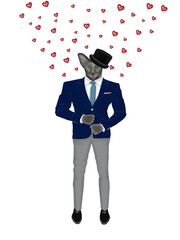 Cat with hearts in suit and hat. Cat gentleman. Holiday illustration. White background