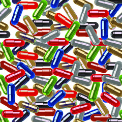 Multi-colored pills capsules on a white background. Pattern.