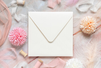 Square envelope between pastel flowers, silk ribbons and feathers on marble