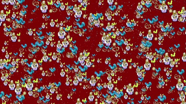 Russian folk background. Red background. Fair items. 4K. Matryoshka dolls, bagels, sweets.