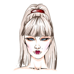 Beautiful young Asian woman drawing sketch face. Hand-drawn modern fashion illustration of a girl model art portrait. Beauty background for natural design art. Abstract girl model fashion illustration