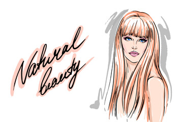Natural beauty text young woman drawing sketch. Beauty skin style  drawing. Hand-drawn modern fashion illustration of a girl model art portrait. Beautiful woman background natural art.