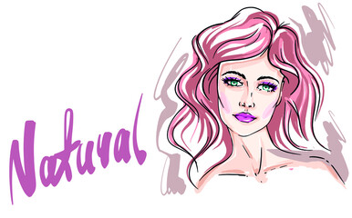 Beautiful young woman drawing sketch. Hand-drawn modern fashion illustration of a girl model art portrait. Natural text. Stylish art sketch. Beauty and style of  drawing. Beauty background