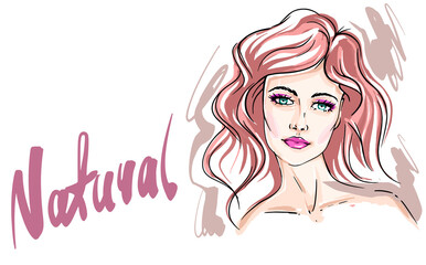 Beautiful young woman drawing sketch. Hand-drawn modern fashion illustration of a girl model art portrait. Natural text. Stylish art sketch. Beauty and style of  drawing. Beauty background