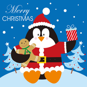 christmas greeting card with penguin and tree