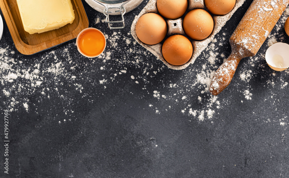 Poster ingredients for cooking pie with copy space. bakery background top view