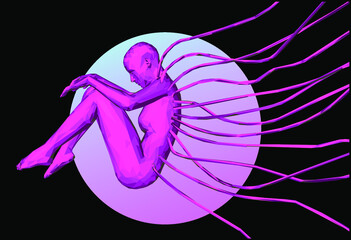 Low poly human in a fetal pose with wires coming from the body. 3D vector illustration.